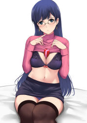 Rule 34 | 1girl, between breasts, black skirt, black thighhighs, blue eyes, blue hair, blush, bow, bow bra, bra, breasts, closed mouth, clothes lift, commentary, copyright request, earrings, english commentary, gift, glasses, hands on own chest, hands up, jewelry, kauru00, legs together, long hair, long sleeves, looking at viewer, medium breasts, navel, original, panties, pencil skirt, pink sweater, purple bra, purple panties, red bow, ribbed sweater, round eyewear, sitting, skirt, solo, straight hair, sweater, sweater lift, thighhighs, thighs, underwear, very long hair