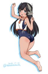 Rule 34 | 1girl, ass, barefoot, black hair, blouse, blue one-piece swimsuit, brown hair, dated, from behind, full body, headgear, i-400 (kancolle), kantai collection, long hair, looking at viewer, looking back, masara (chuujou), one-piece swimsuit, open mouth, orange sailor collar, sailor collar, sailor shirt, school swimsuit, shirt, sleeveless, sleeveless shirt, solo, swimsuit, swimsuit under clothes, tan, tanline, teeth, twitter username, upper teeth only, white background, white shirt