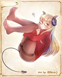 Rule 34 | 1girl, :p, blonde hair, demon tail, feet, glasses, horns, long hair, looking at viewer, original, pantyhose, red eyes, soles, sweater, tail, toes, tongue, tongue out