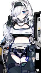 Rule 34 | 1girl, animal ears, arknights, artist request, aurora (arknights), ballistic shield, bear ears, black gloves, black hairband, black pants, blue eyes, breasts, cleavage cutout, closed mouth, clothing cutout, commentary request, crop top, gloves, hair over one eye, hairband, hand up, highres, jacket, long hair, long sleeves, looking at viewer, medium breasts, midriff, navel, pants, puffy long sleeves, puffy sleeves, riot shield, shield, simple background, sketch, sleeves past wrists, smile, solo, thigh cutout, very long hair, white background, white hair, white jacket