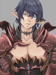Rule 34 | 10s, 1boy, armor, aymeric, aymeric de borel, black hair, blue eyes, blue hair, earrings, elezen, elf, extra, final fantasy, final fantasy xiv, grey background, hair between eyes, jewelry, looking at viewer, male focus, matching hair/eyes, nipples, nyan poco march, parted lips, pointy ears, simple background, single earring, solo, upper body