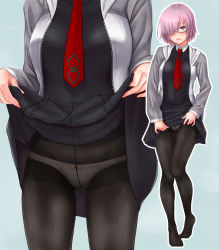 Rule 34 | 1girl, bad id, bad pixiv id, black dress, black pantyhose, blush, breasts, commentary request, dress, fate/grand order, fate (series), glasses, gloves, grey background, hair over one eye, highres, large breasts, lifted by self, light purple hair, long sleeves, looking at viewer, mash kyrielight, multiple views, navel, open mouth, panties, pantyhose, pink hair, purple eyes, purple hair, red neckwear, short hair, simple background, smile, takatsuki nao, underwear, white panties