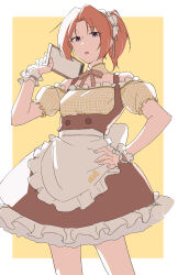Rule 34 | 1girl, absurdres, alternate costume, apron, border, bow, bowtie, brown bow, brown bowtie, brown dress, brown hair, clipboard, detached collar, dress, enmaided, hand on own hip, hibike! euphonium, highres, holding, holding clipboard, looking at viewer, maid, matarasu (aaaaaaaaj), nakagawa natsuki, outside border, parted bangs, parted lips, plaid, plaid shirt, ponytail, purple eyes, shirt, short hair, simple background, solo, standing, teeth, upper teeth only, white border, wrist cuffs, yellow background, yellow shirt