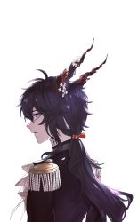 Rule 34 | 1boy, absurdres, arknights, ascot, black hair, ebenholz (arknights), epaulettes, from side, goat horns, hair ribbon, highres, horns, long hair, looking at viewer, looking to the side, low ponytail, parted lips, red ribbon, ribbon, sideways glance, simple background, solo, upper body, wanezhiyauna, white ascot, white background