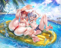 Rule 34 | 2girls, amane kanata, angel, angel wings, armpits, arms up, bare arms, bare legs, bare shoulders, barefoot, beach, bikini, breasts, day, feathered wings, feet, feet up, highres, hololive, houshou marine, houshou marine (summer), jagoo, large breasts, legs up, looking at viewer, mini wings, multiple girls, navel, open mouth, red bikini, red hair, short hair, small breasts, soles, spread legs, string bikini, swimsuit, toes, virtual youtuber, water, wet, white bikini, white hair, wings, yellow eyes