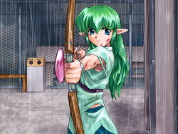 Rule 34 | 1990s (style), 1girl, aiming, aiming at viewer, alice soft, angry, arrow (projectile), blood, blue eyes, bow (weapon), bra, bra peek, celes leblanc, chain-link fence, dorm, elf, facing viewer, fence, glasses, green hair, green shirt, injury, lingerie, long pointy ears, looking at viewer, no eyewear, outdoors, pastel chime, pointy ears, rain, retro artstyle, rooftop, school roof, school uniform, shirt, short sleeves, skinny, skirt, solo, torn clothes, trash can, underwear, upper body, weapon