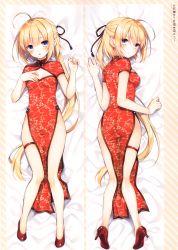 Rule 34 | 1girl, absurdres, bed sheet, blonde hair, blue eyes, blush, breasts, china dress, chinese clothes, cleavage cutout, closed mouth, clothing cutout, dakimakura (medium), dress, fingernails, floral print, full body, hand on own chest, high heels, highres, looking at viewer, looking back, lying, multiple views, on back, on bed, on stomach, open mouth, original, red footwear, scan, shiny skin, short sleeves, small breasts, thigh strap, thighs, toosaka asagi