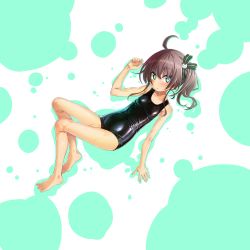 Rule 34 | 1girl, :o, absurdres, ahoge, arm up, bare arms, bare legs, bare shoulders, barefoot, blush, brown hair, cat hair ornament, collarbone, green background, green eyes, hair ornament, hair ribbon, highres, hololive, looking at viewer, lying, natsuiro matsuri, one-piece swimsuit, parted lips, ribbon, sakuya tsuitachi, school swimsuit, shiny clothes, side ponytail, sidelocks, solo, swimsuit, two-tone background, virtual youtuber, wet, wet clothes, wet swimsuit, white background