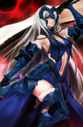 Rule 34 | 1girl, arm up, armor, armored boots, armored dress, banner, black gloves, blue dress, blue footwear, boots, breasts, brown eyes, cleavage, dress, elbow gloves, fate/grand order, fate (series), floating hair, fur trim, gloves, hayama kazusa, highres, holding, holding sword, holding weapon, jeanne d&#039;arc (fate), jeanne d&#039;arc alter (avenger) (fate), jeanne d&#039;arc alter (avenger) (third ascension) (fate), jeanne d&#039;arc alter (fate), large breasts, long hair, midriff, navel, parted lips, sideboob, silver hair, smile, solo, standing, stomach, sword, thigh boots, thighhighs, very long hair, weapon