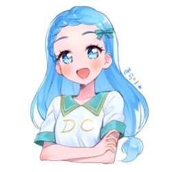 Rule 34 | 1girl, :d, alternate hairstyle, blue eyes, blue hair, blush, braid, braided bangs, collared shirt, commentary request, cropped torso, crossed arms, dorothy west, forehead, hair ribbon, long hair, looking at viewer, low-tied long hair, open mouth, oshiri (o4ritarou), pretty series, pripara, ribbon, shirt, short sleeves, simple background, smile, solo, upper body, white background, white shirt