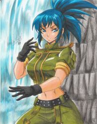Rule 34 | 1girl, 2021, artist name, belt, black gloves, blue eyes, blue hair, breasts, cliff, closed mouth, cowboy shot, earrings, female focus, gloves, green tank top, high ponytail, highres, jewelry, large breasts, leona heidern, midriff, military, ravernclouk design, sidelocks, snk, solo, standing, tank top, the king of fighters, traditional media, triangle earrings, v-shaped eyebrows, water, waterfall