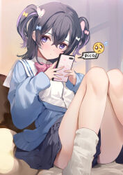 Rule 34 | 1girl, black hair, blue bow, blue cardigan, blue skirt, blush, bow, bowtie, cardigan, chiro (norishiro michiro), closed mouth, commentary request, crossed bangs, dot mouth, dot nose, emoji, flying sweatdrops, hair between eyes, hair bow, highres, holding, holding phone, knees together feet apart, long sleeves, looking at viewer, loose socks, medium hair, multicolored hair, multiple hair bows, original, phone, pink bow, pink bowtie, pleading face emoji, pleated skirt, puffy long sleeves, puffy sleeves, purple eyes, purple hair, sailor collar, school uniform, shirt, sidelocks, sitting, skirt, socks, solo, speech bubble, streaked hair, thighhighs, two-tone hair, two side up, white bow, white shirt, white socks, yellow bow