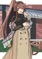 Rule 34 | 1girl, absurdres, alternate costume, beige skirt, black sweater, brown hair, commentary request, cowboy shot, highres, holding, kantai collection, long hair, looking at viewer, open mouth, ponytail, shawl, smile, solo, sweater, translation request, tumbler, very long hair, yamato (kancolle), yunamaro