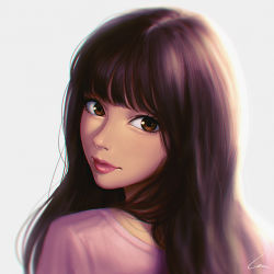 Rule 34 | 1girl, backlighting, bad id, bad pixiv id, blunt bangs, blurry, brown eyes, brown hair, closed mouth, depth of field, lips, long hair, looking at viewer, looking back, nose, original, pink lips, pink shirt, portrait, shirt, simple background, solo, umigraphics, white background