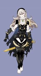 Rule 34 | 1girl, armor, armored leotard, arms at sides, artist request, barefoot, black armor, black cape, black hairband, black leotard, black thighhighs, breasts, cape, cleavage, clenched hand, corrin (female) (fire emblem), corrin (female) (nohr noble) (fire emblem), corrin (fire emblem), eyelashes, facing viewer, feet, female focus, fire emblem, fire emblem fates, full body, gauntlets, hair between eyes, hair ornament, hairband, happy, head tilt, highres, holding, holding sword, holding weapon, intelligent systems, legs, legs together, leotard, long hair, looking at viewer, medium breasts, neck, neckerchief, nintendo, official alternate costume, pointy ears, purple background, red eyes, revealing clothes, shoulder armor, sidelocks, simple background, sleeveless, sleeveless leotard, smile, source request, standing, stirrup legwear, sword, thighhighs, thighs, thong leotard, toeless legwear, toenails, toes, torn cape, torn clothes, wavy hair, weapon, white hair, yato (fire emblem)
