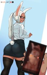 Rule 34 | 1girl, 1other, ?, absurdres, animal ears, ass, biitii, black thighhighs, blur censor, blush, boku no hero academia, breasts, cellphone, censored, clothing cutout, dark-skinned female, dark skin, from behind, highleg, highres, holding, holding phone, kneepits, large breasts, long eyelashes, long hair, looking at viewer, looking back, mirko, office lady, open mouth, pantylines, parted bangs, patreon logo, pencil skirt, phone, ponytail, pov, pov hands, rabbit ears, rabbit girl, rabbit tail, rectangular eyewear, red eyes, shirt, shirt tucked in, skirt, smartphone, solo focus, sweatdrop, tail, tail through clothes, thighhighs, thighs, toned, twitter logo, twitter username, white hair, white shirt