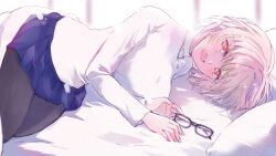 Rule 34 | 1girl, arcueid brunestud, bed, black-framed eyewear, black pantyhose, blanket, blonde hair, blue skirt, breasts, fang, glasses, jewelry, large breasts, light particles, looking at viewer, lying, miniskirt, muko (4moiut), on bed, on side, open mouth, pantyhose, pendant, pillow, pleated skirt, red eyes, red hair, short hair, skirt, smile, solo, sweater, tsukihime, tsukihime (remake), turtleneck, white sweater