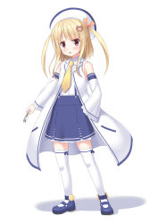 Rule 34 | 1girl, :o, blonde hair, blue footwear, blue skirt, blush, collared shirt, commentary request, detached sleeves, full body, glasses, hair ribbon, hat, hinata keiichi, holding, holding removed eyewear, jacket, long hair, long sleeves, looking at viewer, mary janes, necktie, open clothes, open jacket, open mouth, orange ribbon, original, pleated skirt, red eyes, ribbon, shirt, shoes, skirt, sleeveless, sleeveless jacket, sleeves past fingers, sleeves past wrists, smiley face, solo, standing, suspender skirt, suspenders, thighhighs, two side up, unworn eyewear, v-shaped eyebrows, virtual youtuber, white background, white hat, white jacket, white shirt, white thighhighs, wide sleeves, yellow necktie
