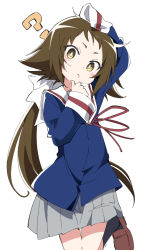 Rule 34 | 1girl, ?, arm up, blush, brown footwear, brown hair, closed mouth, grey skirt, hand up, ixy, long hair, long sleeves, looking at viewer, mikakunin de shinkoukei, mitsumine mashiro, pleated skirt, ponytail, sailor collar, school uniform, shoes, simple background, skirt, sleeves past fingers, sleeves past wrists, socks, solo, white background, white sailor collar, yellow eyes