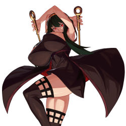 Rule 34 | 1girl, absurdres, alternate breast size, arms up, black dress, black hair, boots, breasts, commission, dagger, dress, feet out of frame, hair ornament, hairband, highres, huge breasts, impossible clothes, jewelry, knife, leg up, long hair, looking at viewer, red eyes, serious, sidelocks, simple background, solo, spy x family, standing, stiletto (weapon), thigh boots, ttt (titatuem), two-sided dress, two-sided fabric, weapon, white background, yor briar