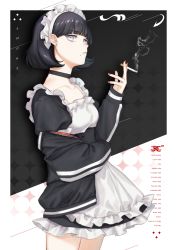 Rule 34 | 1girl, absurdres, black hair, blunt bangs, bob cut, breasts, choker, cigarette, earrings, english text, highres, holding, holding cigarette, jacket, jewelry, looking at viewer, maid, maid headdress, mole, mole under mouth, nail polish, off shoulder, original, parted lips, purple eyes, red nails, short hair, smoke, smoking, solo, usuke (u skeeep)