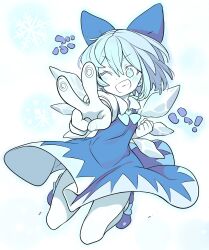 Rule 34 | 1girl, absurdres, blue bow, blue dress, blue eyes, blue footwear, blue hair, blush, bow, cirno, collared shirt, detached wings, dress, fairy, fingerprint, full body, grin, hair bow, highres, ice, ice wings, morino hon, one eye closed, shirt, shoes, short sleeves, smile, snowflakes, solo, touhou, v, white shirt, wings