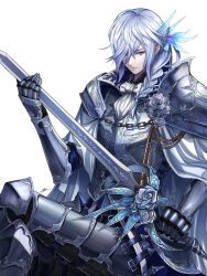 Rule 34 | 1boy, aiguillette, armor, ascot, black armor, black pants, blue eyes, blue jacket, braid, cape, chain, closed mouth, corsage, crossed legs, cuirass, cuisses, faulds, feather hair ornament, feathers, feet out of frame, flower, gauntlets, grey flower, grey hair, grey rose, hair ornament, hair over one eye, hair over shoulder, hair tubes, high collar, holding, holding sword, holding weapon, jacket, knight, looking at viewer, medium hair, original, pants, poleyn, rose, serious, shoulder armor, simple background, single braid, sitting, sword, tenyo0819, weapon, white ascot, white background, white cape