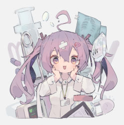 Rule 34 | 1girl, @ @, absurdres, ahoge, badge, breasts, cardiogram, coat, hair ornament, hairclip, highres, intravenous drip, lab coat, long hair, long sleeves, medium breasts, nep (nep 76), open mouth, original, pill, purple eyes, purple hair, smile, solo, syringe, twintails, upper body, white coat