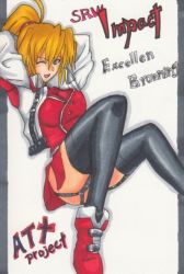 Rule 34 | 1girl, ;d, arms behind head, blonde hair, blue eyes, boots, breasts, character name, colored pencil (medium), copyright name, english text, excellen browning, garter straps, j a m, jacket, jam (ggsol), large breasts, marker (medium), one eye closed, open clothes, open jacket, open mouth, ponytail, smile, solo, super robot wars, super robot wars impact, thighhighs, traditional media, wink