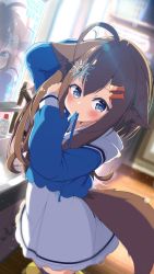 Rule 34 | 1girl, absurdres, adjusting hair, animal ears, bathroom, black thighhighs, blue hoodie, bone hair ornament, brown hair, commission, dog ears, dog girl, dog tail, hair ornament, highres, hood, hood down, hoodie, long hair, long hoodie, long sleeves, looking at viewer, mirror, mouth hold, reflection, ribbon, ribbon in mouth, shiro9jira, sidelocks, sink, skeb commission, soap bottle, tail, thighhighs, two-tone hoodie, vrchat, white hoodie