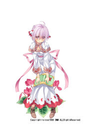 Rule 34 | 1girl, ahoge, asa no ha (awayuki), book, bow, braid, brown footwear, closed mouth, cyclamen (flower knight girl), dress, flower, flower knight girl, full body, hair ribbon, half updo, highres, leaning forward, name connection, object namesake, official art, pink bow, pink hair, red eyes, ribbon, shawl, shoes, short hair, solo, standing, white background, white dress