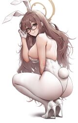 Rule 34 | 1girl, absurdres, akane (blue archive), akane (bunny) (blue archive), animal ears, ass, back, bare shoulders, blue archive, blush, bow, bowtie, breasts, brown eyes, detached collar, doyoon 7, fake animal ears, fake tail, glasses, gloves, hair between eyes, halo, high heels, highleg, highleg leotard, highres, large breasts, leotard, light brown hair, long hair, looking at viewer, looking back, official alternate costume, pantyhose, playboy bunny, pumps, rabbit ears, rabbit tail, shoes, sideboob, smile, solo, squatting, stiletto heels, tail, white gloves, white leotard, white pantyhose