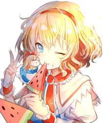 Rule 34 | 1girl, alice margatroid, bad id, bad twitter id, blonde hair, blue eyes, capelet, cheek-to-cheek, doll, eating, food, hairband, heads together, looking at viewer, nuudoru, one eye closed, popsicle, puffy short sleeves, puffy sleeves, shanghai doll, short hair, short sleeves, simple background, smile, solo, touhou, upper body, v, watermelon bar, white background, wrist cuffs
