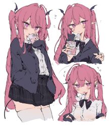 Rule 34 | 1girl, ahoge, black jacket, black skirt, black wings, blazer, blush, bow, buttons, cellphone, collared shirt, demon girl, demon wings, drinking straw, hair between eyes, hair intakes, highres, holding, holding phone, jacket, long hair, low wings, milk carton, multiple views, open clothes, open jacket, open mouth, original, otintin, phone, pink hair, pleated skirt, school uniform, shirt, simple background, skirt, smartphone, socks, striped bow, sweat, tail, twintails, very long hair, white background, white shirt, white socks, wings