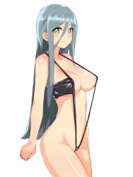 Rule 34 | 1girl, aqua hair, areola slip, arms at sides, bikini, black bikini, blush, breasts, cleavage, covered erect nipples, cowboy shot, green eyes, hair between eyes, highres, large breasts, light smile, long hair, looking at viewer, navel, nezuko, original, parted lips, revealing clothes, sidelocks, simple background, slingshot swimsuit, smile, solo, strap gap, swimsuit, very long hair, white background
