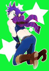 Rule 34 | 1boy, animal ears, blonde hair, blue eyes, blue hair, boots, bow, caesar anthonio zeppeli, cat boy, cat ears, cat tail, crop top, highres, jojo no kimyou na bouken, joseph joestar, joseph joestar (young), kemonomimi mode, male focus, matching hair/eyes, midriff, nishima (0138ry), one eye closed, scarf, scarf bow, solo, striped clothes, striped scarf, tail, wink
