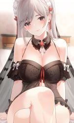 Rule 34 | 1girl, babydoll, bare shoulders, black bow, blurry, blurry background, bow, breasts, brown eyes, cleavage, collarbone, depth of field, detached collar, detached sleeves, head tilt, headdress, highres, kfr, large breasts, crossed legs, lingerie, long hair, looking at viewer, mole, mole on breast, original, silver hair, sitting, smile, solo, thighs, underwear