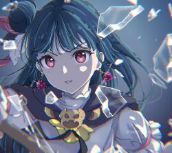 Rule 34 | 1girl, absurdres, broken glass, brooch, capelet, chromatic aberration, clenched teeth, commentary, earrings, feather hair ornament, feathers, genjitsu no yohane, glass, gradient background, grey background, hair bun, hair ornament, heart, heart earrings, highres, jewelry, looking at viewer, love live!, love live! sunshine!!, profile picture, red eyes, seubchok, simple background, single hair bun, solo, staff, teeth, tsushima yoshiko, twitter username, upper body, v-shaped eyebrows, yohane (genjitsu no yohane)