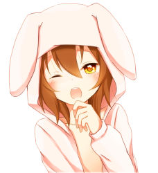 Rule 34 | 1boy, akane (goma), animal costume, bad id, bad pixiv id, blush, brown hair, goma (11zihisin), hat, highres, hood, hoodie, male focus, one eye closed, open clothes, open mouth, open shirt, orange eyes, original, rabbit costume, shirt, simple background, solo, tears, trap, wink, yawning