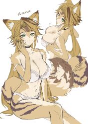 1girl animal_ears bare_legs blonde_hair bra breasts cat_ears cat_girl cleavage collage furry furry_female green_eyes highres large_breasts lingerie looking_at_viewer navel panties pulchra_fellini salmon88 sitting slit_pupils underwear white_background white_bra white_panties zenless_zone_zero