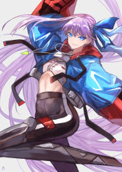 Rule 34 | 1girl, absurdres, armor, black pants, blue eyes, blue jacket, blue ribbon, blush, breasts, cropped jacket, fate/extra, fate/extra ccc, fate/grand order, fate (series), full body, greaves, hair ribbon, high-waist pants, highres, jacket, jewelry, long hair, long sleeves, looking at viewer, meltryllis (fate), navel, necklace, one eye closed, pants, petcha the o, prosthesis, prosthetic leg, purple hair, ribbon, sleeves past fingers, sleeves past wrists, small breasts, smile, solo, very long hair