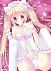 Rule 34 | 1girl, animal ears, bad id, bad pixiv id, bed sheet, blonde hair, breasts, cat ears, cleavage, flower, hairband, large breasts, lolita hairband, long hair, looking at viewer, lying, navel, niki (aroma terrace), original, panties, petals, red eyes, rose, shibainu niki, smile, solo, striped clothes, striped panties, thighhighs, twintails, underwear, white thighhighs, wrist cuffs
