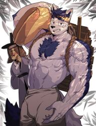 Rule 34 | 2boys, animal ear fluff, animal ears, bara, bare pectorals, blue doggo (ttn), blue fur, blue hair, bulge, carrying over shoulder, dog boy, dog ears, facial hair, feet out of frame, furry, furry male, goatee stubble, grin, headband, large hands, large pectorals, looking at viewer, male focus, multiple boys, muscular, muscular male, original, pectorals, short hair, shy, smile, solo focus, stubble, sweat, thick eyebrows, ttn (239 239), two-tone fur, v-taper, veins, veiny arms, very sweaty, white fur, wood
