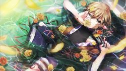 Rule 34 | 1girl, bad id, bad pixiv id, blonde hair, female focus, flower, green eyes, lion nicole, mizuhashi parsee, nicole (lion), partially submerged, petals, pointy ears, rose, short hair, skirt, solo, touhou, water, yellow flower, yellow rose