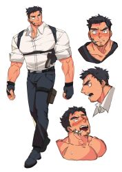 Rule 34 | 1boy, ahegao, bara, blush, bulge, chest harness, cropped torso, expressions, facial hair, full body, goatee stubble, harness, highres, large pectorals, male focus, mature male, multiple views, muscular, muscular male, mustache stubble, original, pectorals, police, police uniform, policeman, profile, short hair, sideburns, sleeves rolled up, stubble, sweat, thick eyebrows, ttn (239 239), underbust, uniform