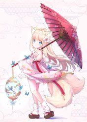 Rule 34 | 1girl, ahoge, animal ear fluff, animal ears, animal print, bare shoulders, black footwear, blush, bug, butterfly, butterfly print, closed mouth, commentary request, detached sleeves, egasumi, floral print, flower, fox ears, fox tail, full body, hair flower, hair ornament, highres, holding, holding umbrella, insect, kitsune, long sleeves, looking at viewer, looking to the side, multiple tails, oil-paper umbrella, original, peas (peas0125), pink skirt, pink sleeves, platform clogs, platform footwear, pleated skirt, red umbrella, sandals, skirt, sleeves past wrists, socks, solo, standing, tabi, tail, two tails, umbrella, white flower, white socks, wide sleeves, zouri