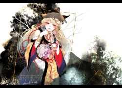 Rule 34 | 1girl, blonde hair, bracelet, breasts, commentary request, detached sleeves, floral print, hair ribbon, jewelry, letterboxed, long hair, long sleeves, looking at viewer, matara okina, mochinue, red eyes, red ribbon, ribbon, smile, solo, touhou, wide sleeves