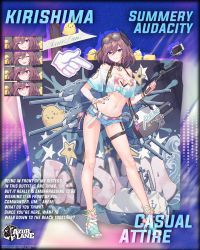 Rule 34 | 1girl, alternate costume, anchor choker, azur lane, bag, bird, blush, breasts, cellphone, character name, chick, cleavage, cleavage cutout, clothing cutout, commentary, copyright name, criin (659503), crop top, crop top overhang, denim, denim shorts, english commentary, expressions, eyewear on head, full body, groin, hair between eyes, hand on own hip, heart cutout, high heels, highres, holding, horns, kirishima (azur lane), kirishima (summery audacity) (azur lane), large breasts, logo, looking at viewer, navel, official alternate costume, official art, phone, purple eyes, purple hair, selfie stick, short hair, short shorts, shorts, sidelocks, smartphone, smile, stomach, sunglasses, sunglasses on head, thigh strap, toeless footwear
