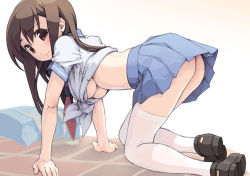 Rule 34 | 1girl, all fours, ass, bad id, bad pixiv id, breasts, brown eyes, brown hair, legs, len (a-7), long hair, looking at viewer, looking back, medium breasts, no bra, no panties, original, pleated skirt, school uniform, serafuku, shirt, shoes, simple background, skirt, solo, thighhighs, tied shirt, underboob, white background, white thighhighs
