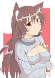 Rule 34 | 1girl, 2014, animal ears, blush, breast hold, breasts, brooch, brown hair, cleavage, cleavage cutout, clothing cutout, dated, highres, imaizumi kagerou, jewelry, kazawa (tonzura-d), large breasts, long hair, looking at viewer, meme attire, nail polish, open-chest sweater, red eyes, smile, solo, sweater, touhou, wolf ears